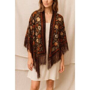 Boho Floral Embroidered Fringe Shawl – 4ft Square Brown Rust Orange Wrap – Vinta